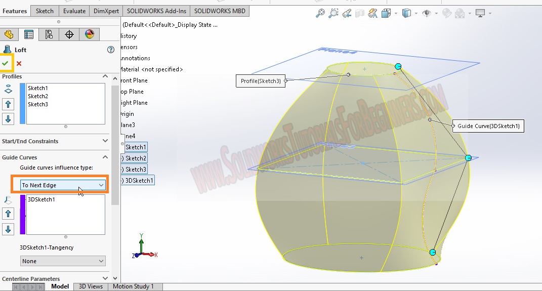 How To Use SolidWorks Loft Boss Guide Curves Tutorial For Beginners