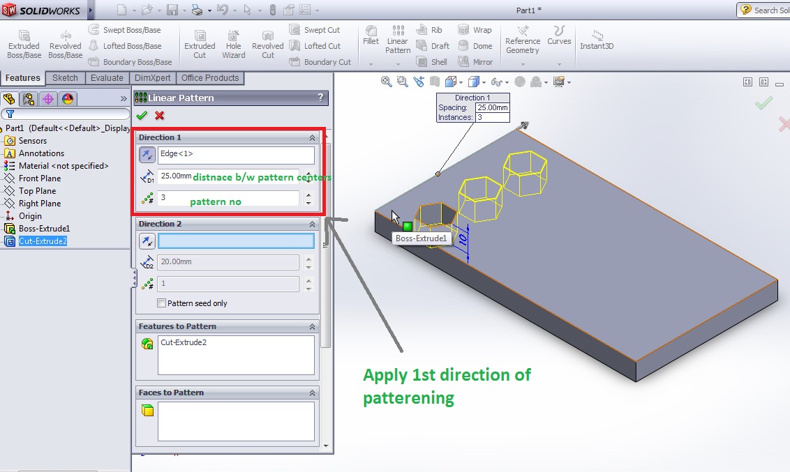 How To Use Solidworks Linear Pattern Features Tool Tutorials
